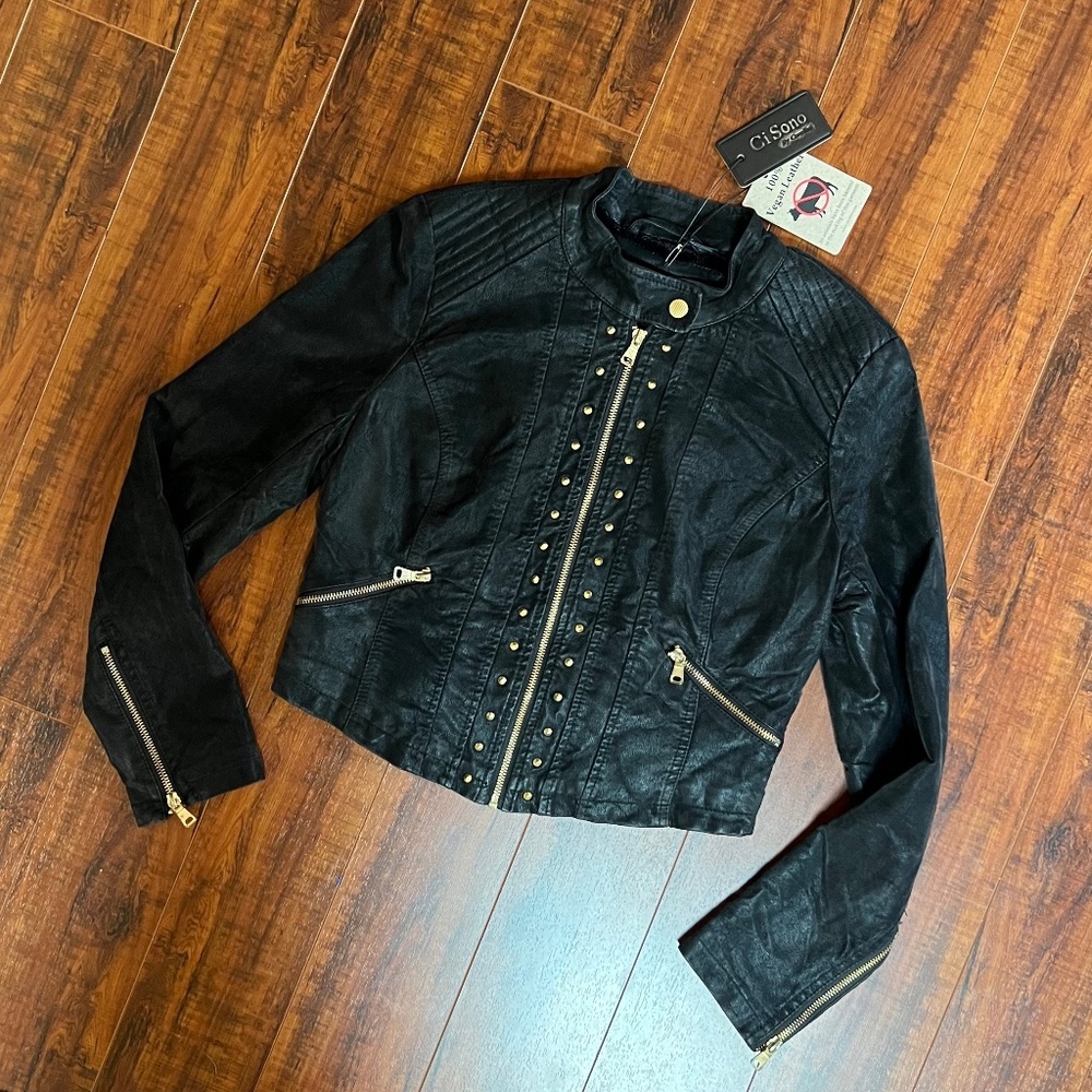 Black MOD Steampunk COUTURE Cropped Studded Moto Rock Faux Leather Jacke… - Picture 6 of 12